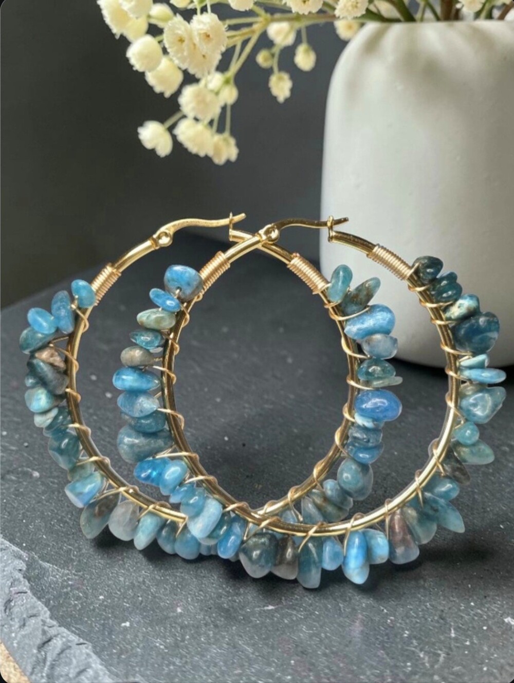 18k Gold Plated Genuine Apatite Natural Stone 50mm Hoop Earrings